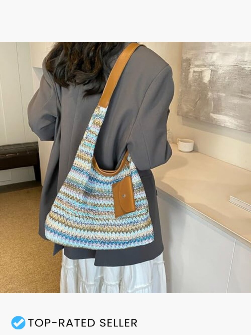 Women's Woven Straw Hobo Shoulder Crossbody Bag Summer Beach Vacation Tote - Picture 6 of 7